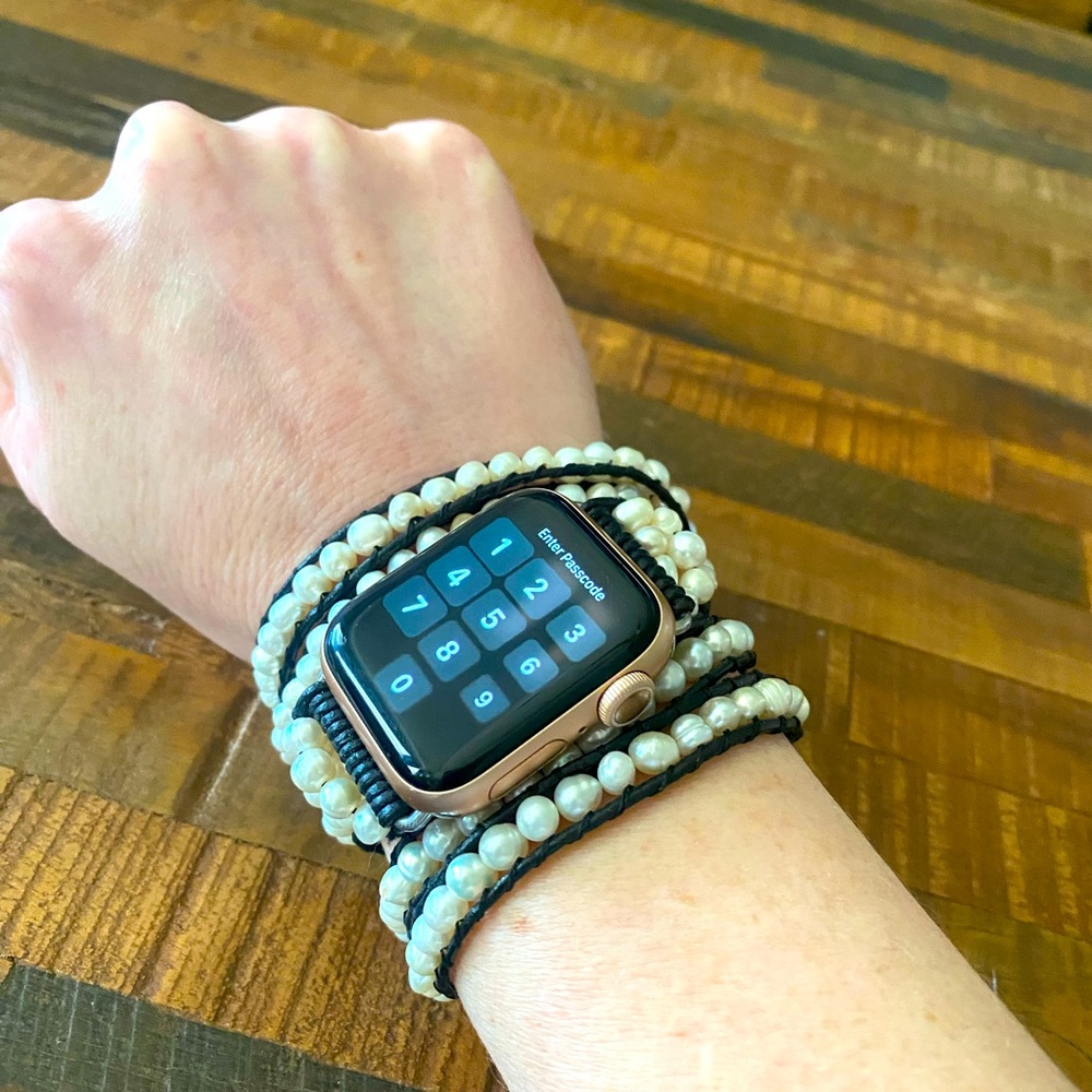 Victoria Emerson Pearl & Black Rope Apple Watch Wrap Bracelet.